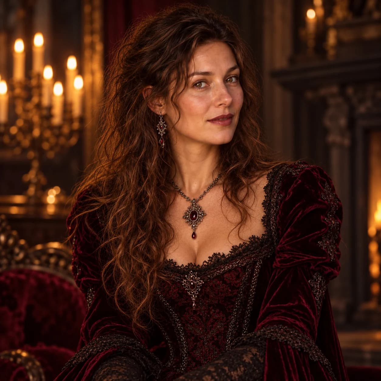 The same woman in a gothic vampire queen costume